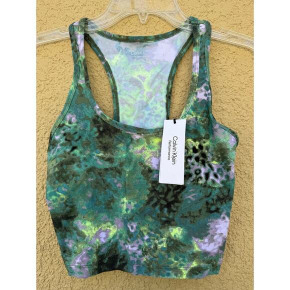 Calvin Klein XS Racerback Performance Cropped Tank Top Ice Leopard - Picture 2 of 10